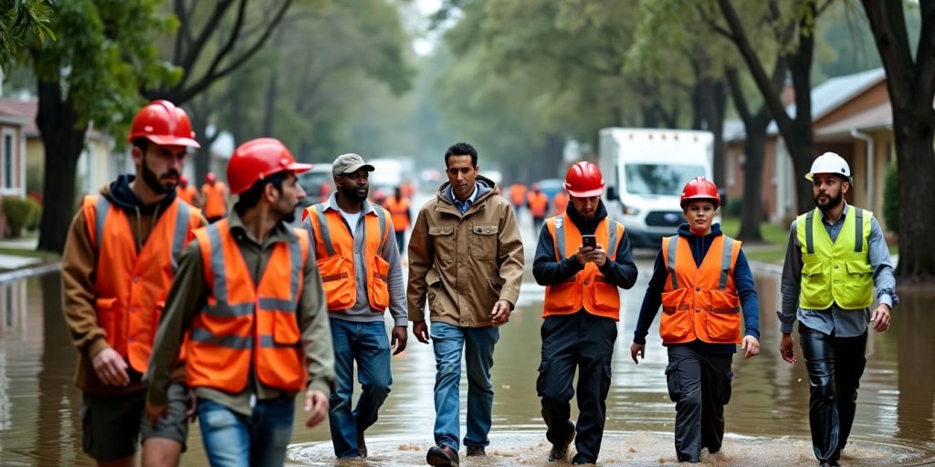 People in safety gear assessing a flood area.