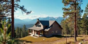 A house in a safe environment with trees and mountains.