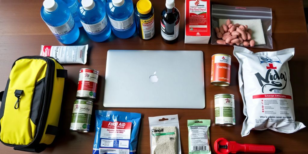 Emergency supply kit with food, water, and flashlight.