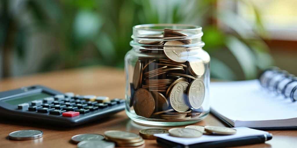 Jar of coins with calculator and notepad.