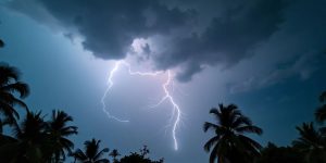 Dramatic storm clouds with lightning and swaying trees.