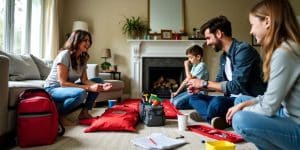 Family practicing safety drills in a home setting.