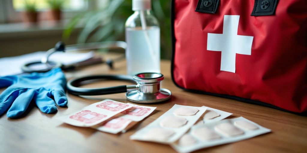 First aid kit with bandages and gloves on a table.